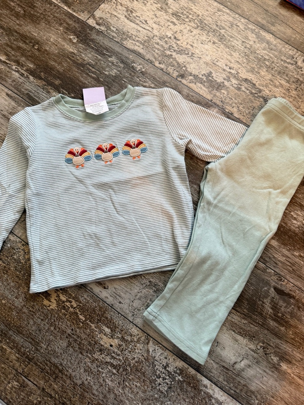 Kids Light Sage Stripe Set with Turkey Appliqué